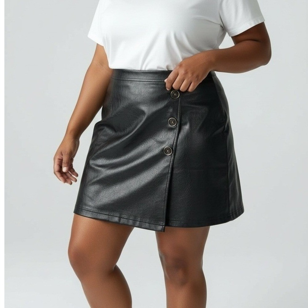 Black Faux Leather A Line Wrap Around Appearance Skirt Plus‎ Size 3XL